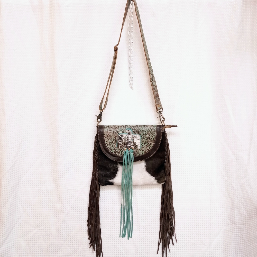 NWOT MYRA Bag Embossed Leather Brown & Turquoise Tasseled Concealed Carry Bag